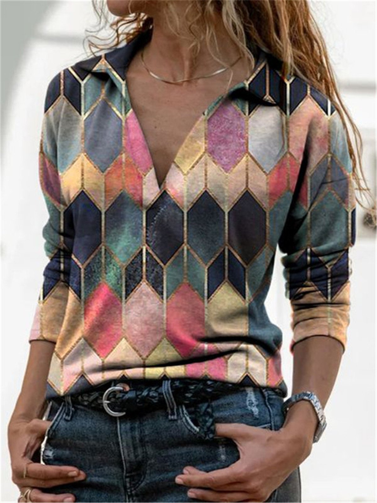 Color-Block Long Sleeve Shirt Collar Abstract Shirts & Tops