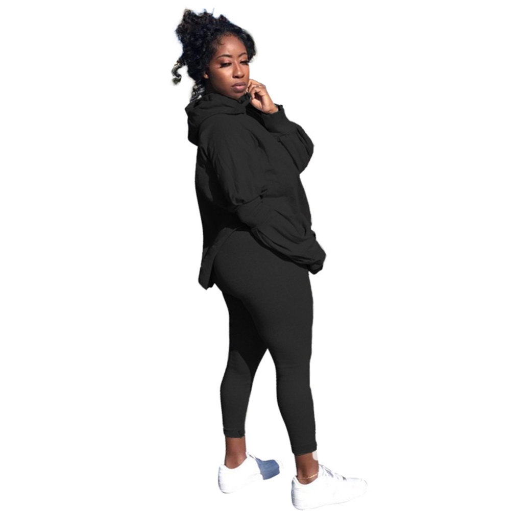 Autumn Solid Plain Matching Casual Hoody Top and Pants Set