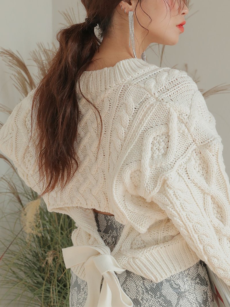 Fashion Pure Colour Back Waist Belted Round Neck Sweater