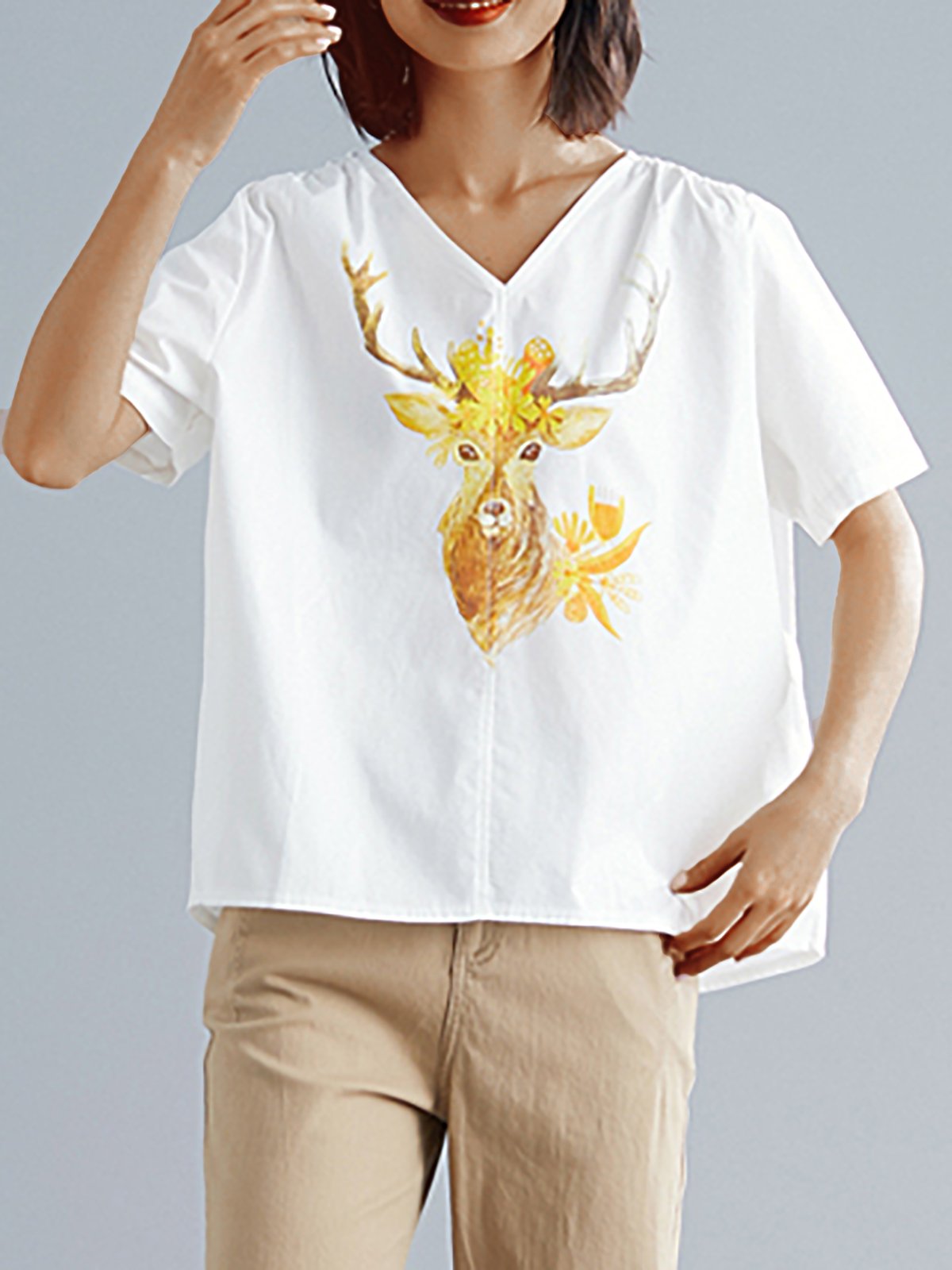 Plus Size Women Floral Short  Sleeve  V-Neck Cotton And Linen Loose Casual Top