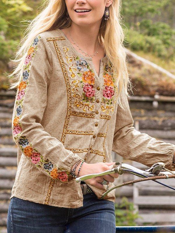 V Neck Long Sleeve Vintage Shirts & Tops