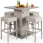 Best Choice Products 5-Piece Outdoor Wicker Bar Table Set for Patio, Poolside, Backyard w/Built-in Bottle Opener, Hidden Storage Shelf, Metal Tabletop, 4 Stools �C Gray