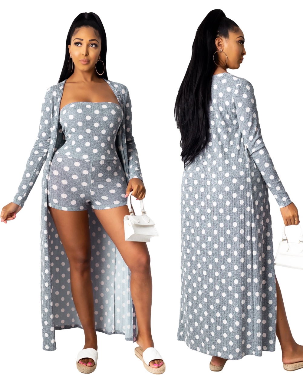 Two Piece Polka Strapless Rompers with Matching Cardigans