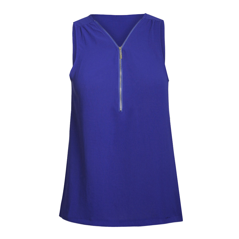 Blue Zip Neckline Sleeveless Shirt Tank