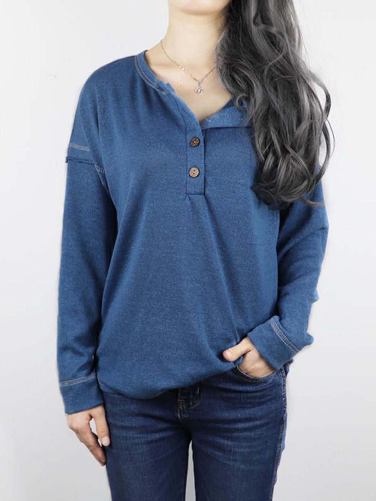 Fashion Round Neck With Button Plain Casual Blouse