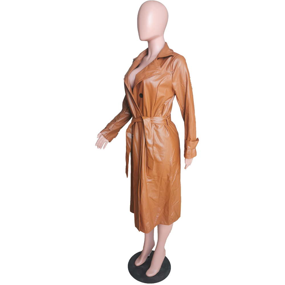 Winter Khaki Leather Long Coat with Matching Belt