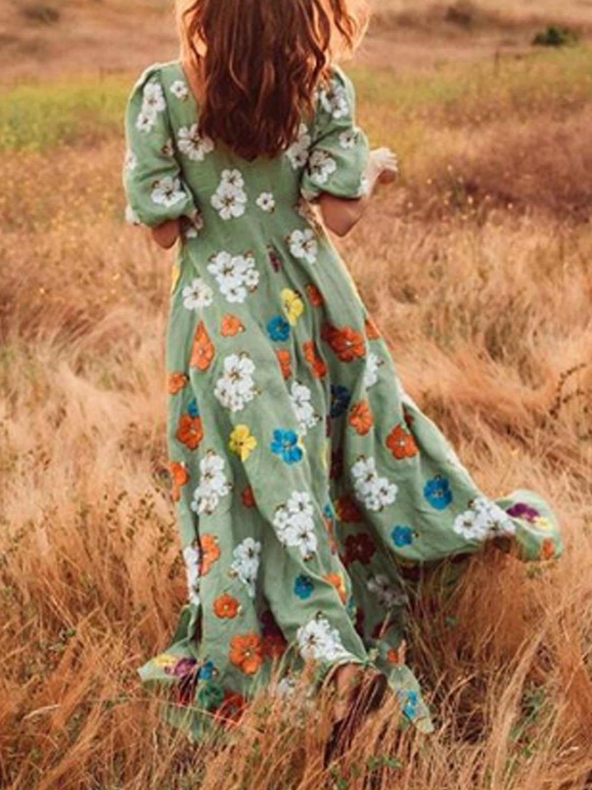 Lightgreen V Neck Printed Boho Patchwork Dresses