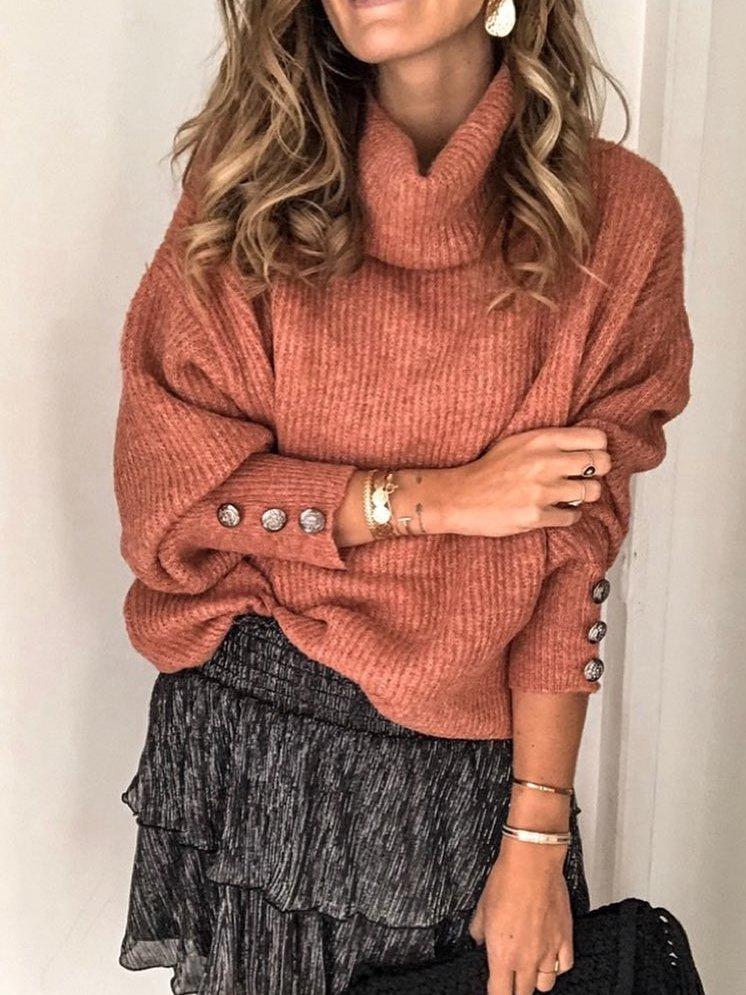 Casual Solid Turtleneck Buttoned Sweaters