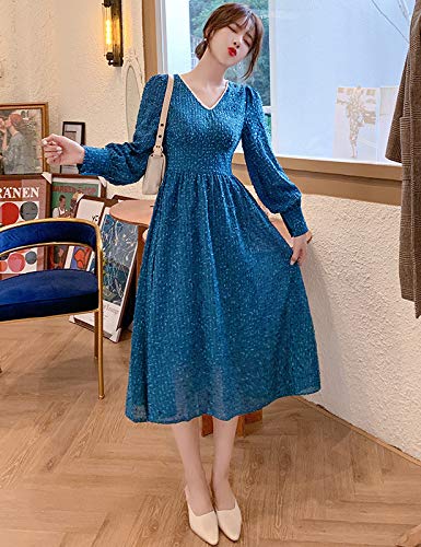 女士 可爱 优雅 V领 修身 长袖 长款 优雅 连衣裙 YM166