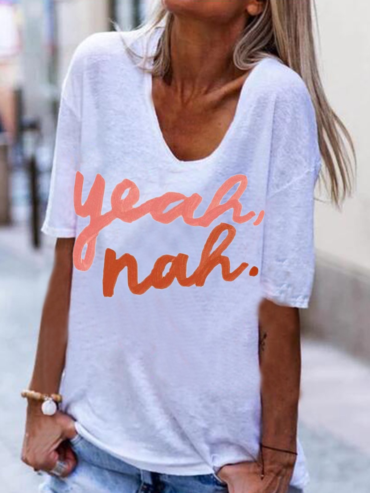 Cotton-Blend V Neck Short Sleeve Printed Shirts & Tops