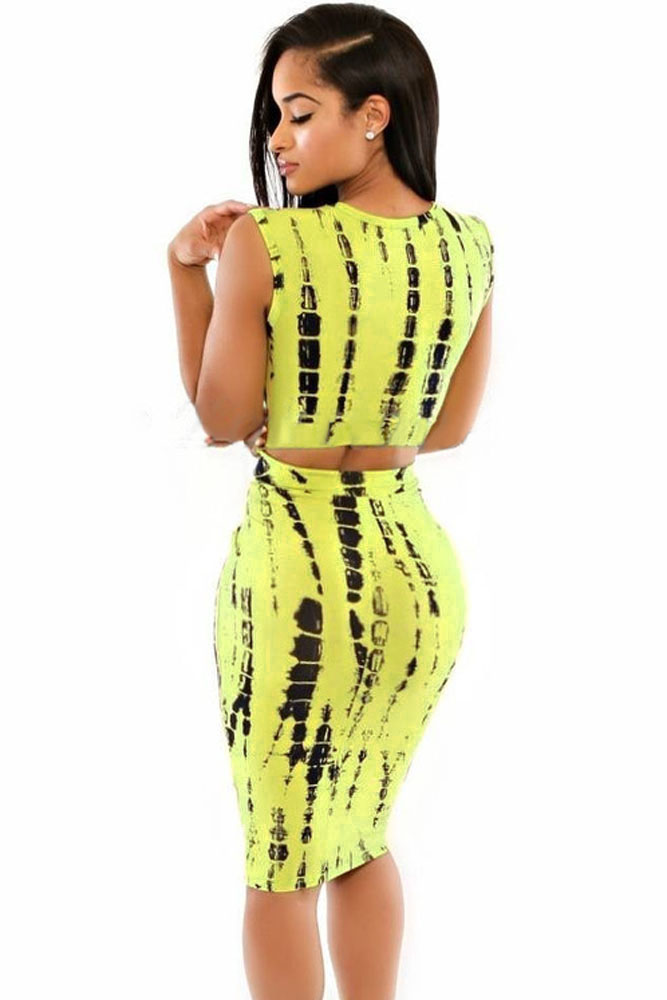 Yellow Tie Dye Print Back Cutout Midi Dress