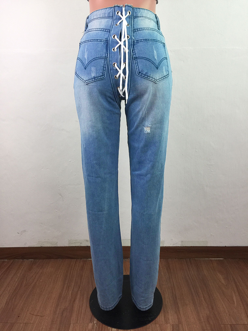 Autumn Stylish Lace Up Back Blue Jeans
