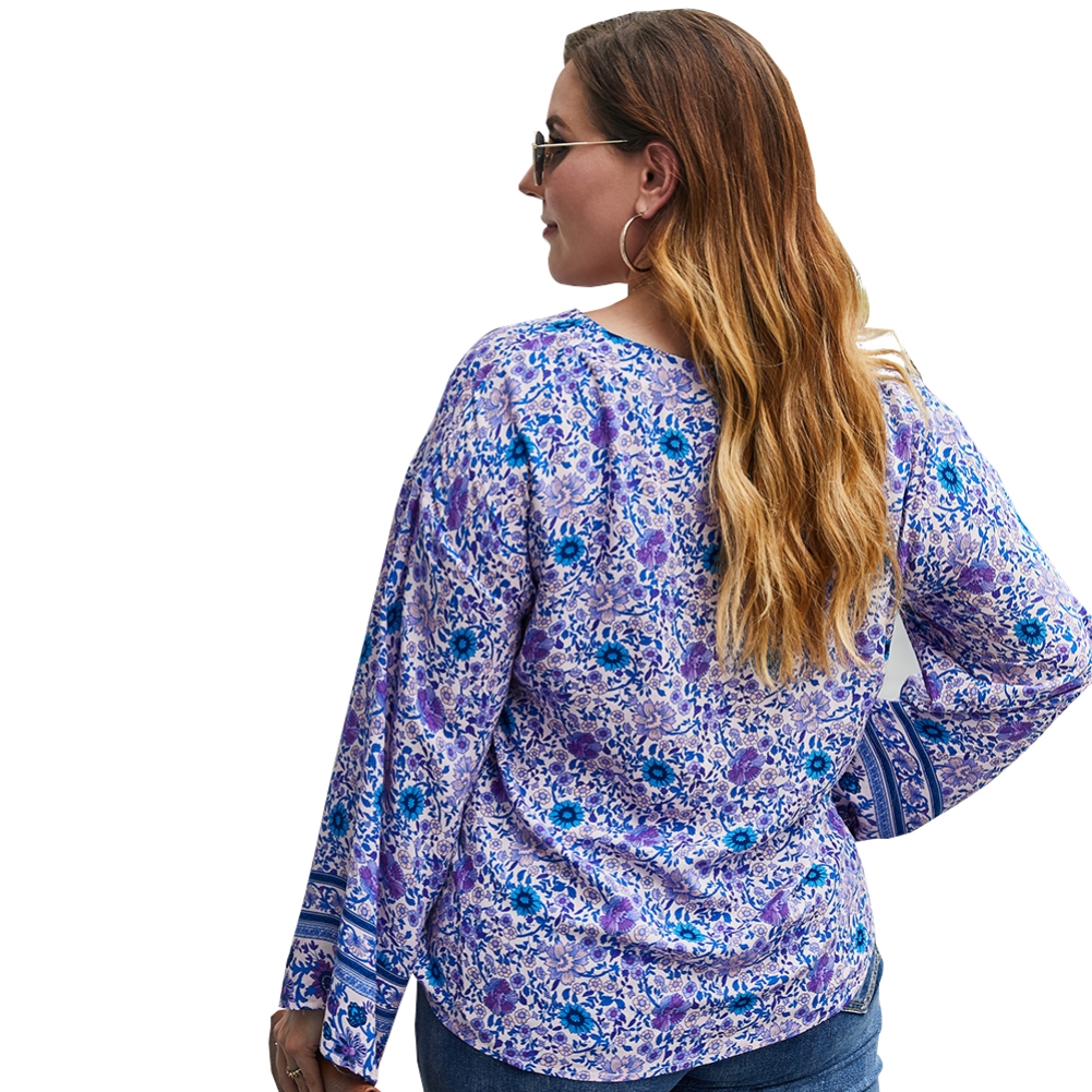 Plus Size V Neck Floral Retro Shirt