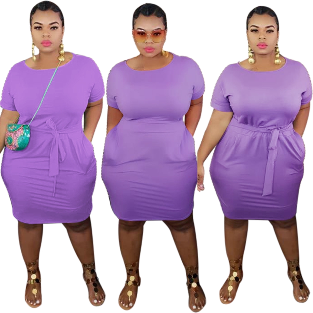 Plus Size Summer Plain Bodycon Dress with Belt