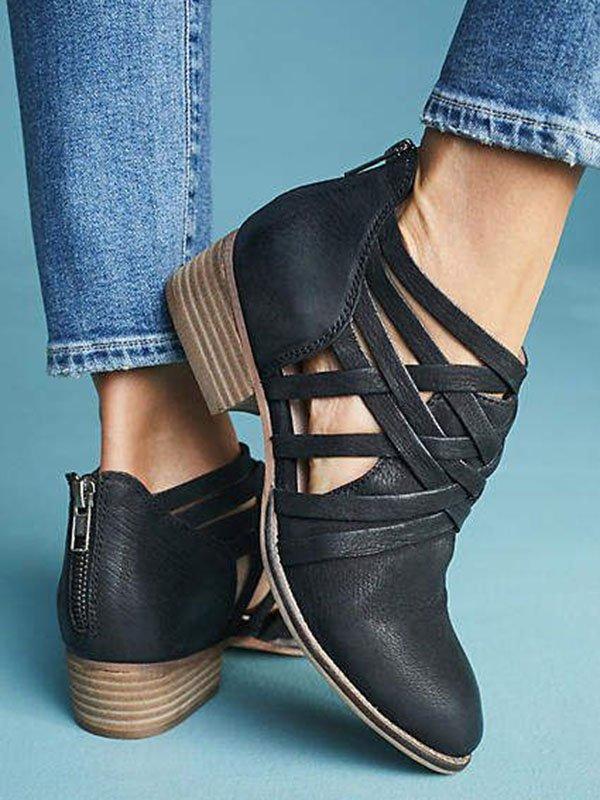 Plus Size Criss-Cross Ankle Heel Booties Hollow-out PU Boots