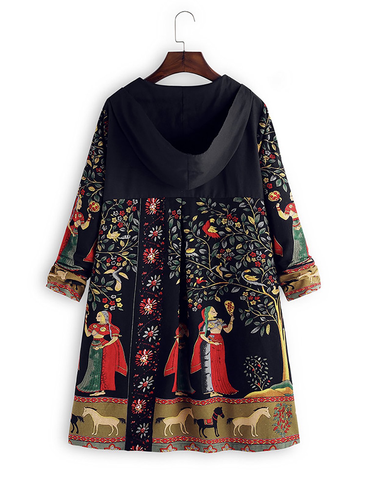 Womens Folk Style Print Hooded Irregular Frog Button Vintage Coats