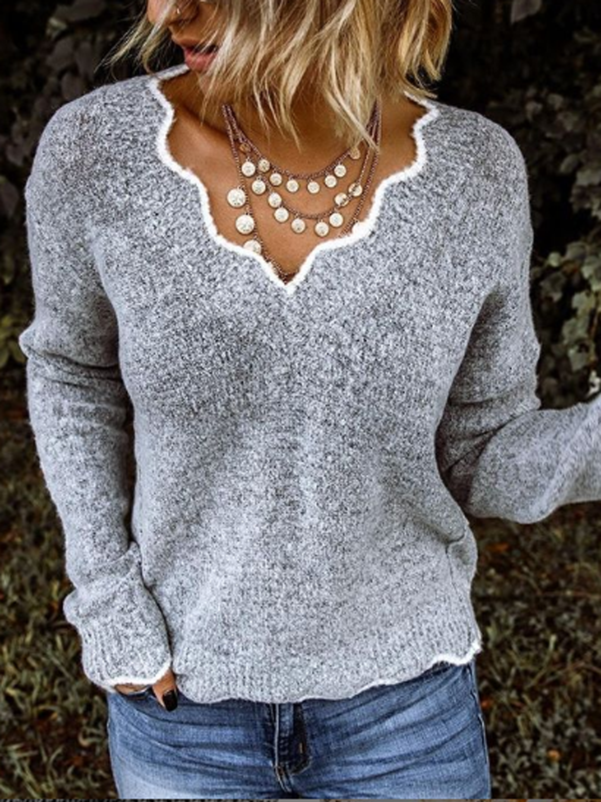 Long Sleeve Solid V Neck Knitted Sweaters