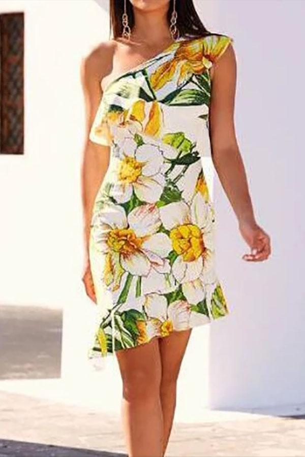 Sexy Floral One Shoulder Sleeveless Irregular Ruffled Hem Bodycon Dress