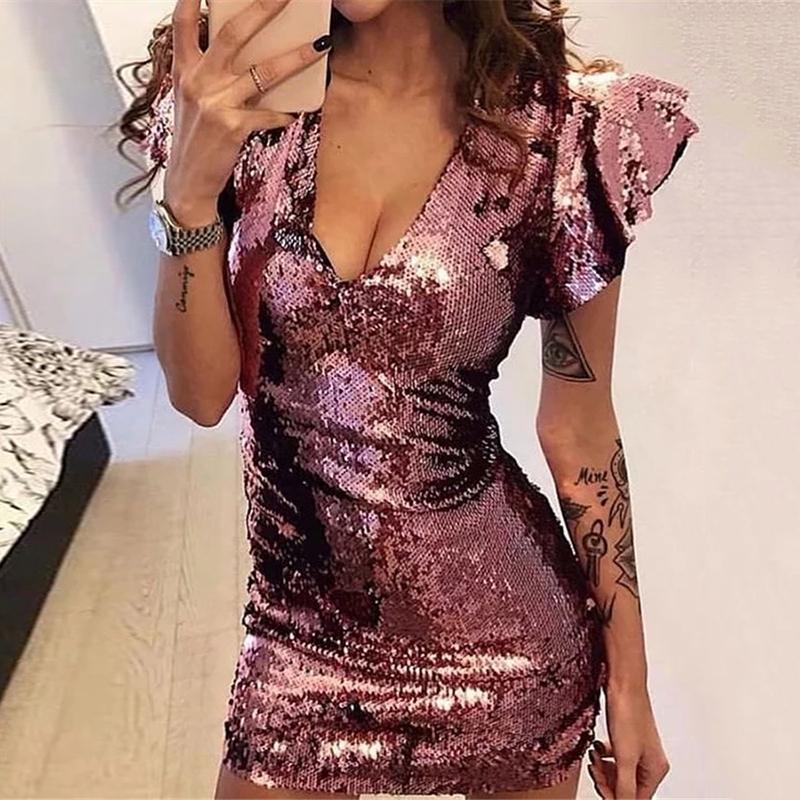 Casual Loose Sexy Deep   V Neck Sequins Mini Bodycon Dresses