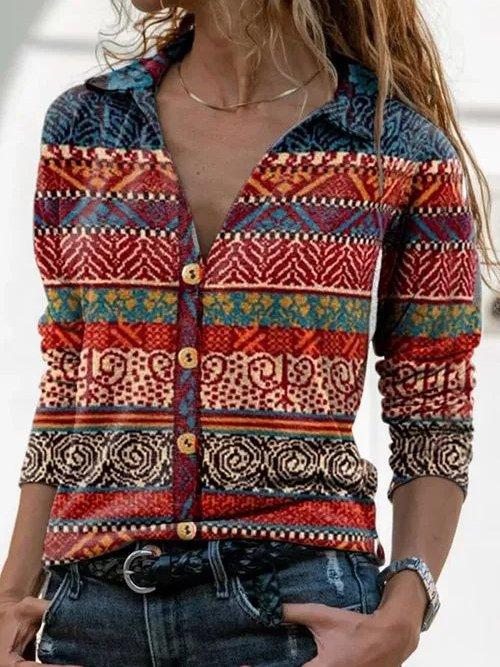 Casual Striped V Neck Cotton-Blend Shirts & Tops