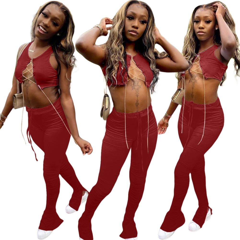 Sexy Lace Up Crop Top and High Waist Stacked Legging Set