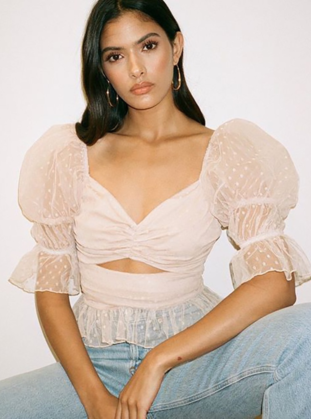 Summer Vintage Dot Peplum Top with Puff Sleeves