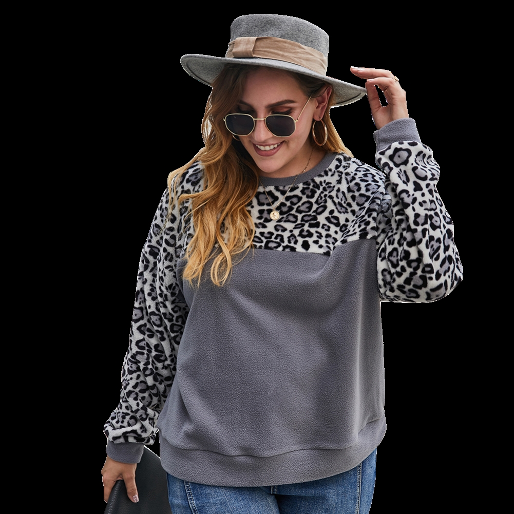 Plus Size O Neck Leopard Plush Shirt