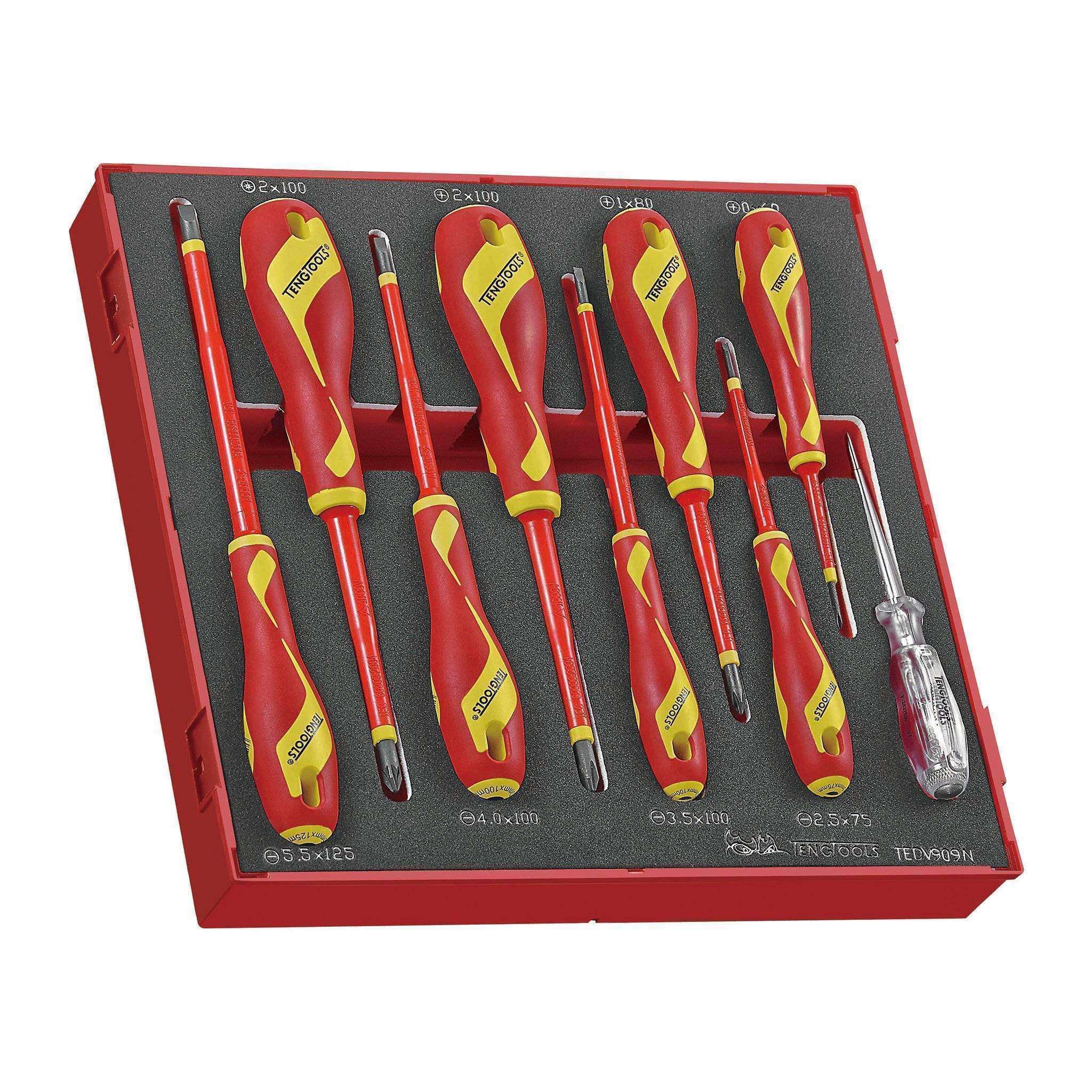 Teng Tools �C 9 Piece 1,000 Volt Insulated Screwdriver Set in EVA Tray �C TEN-O-TEDV909N