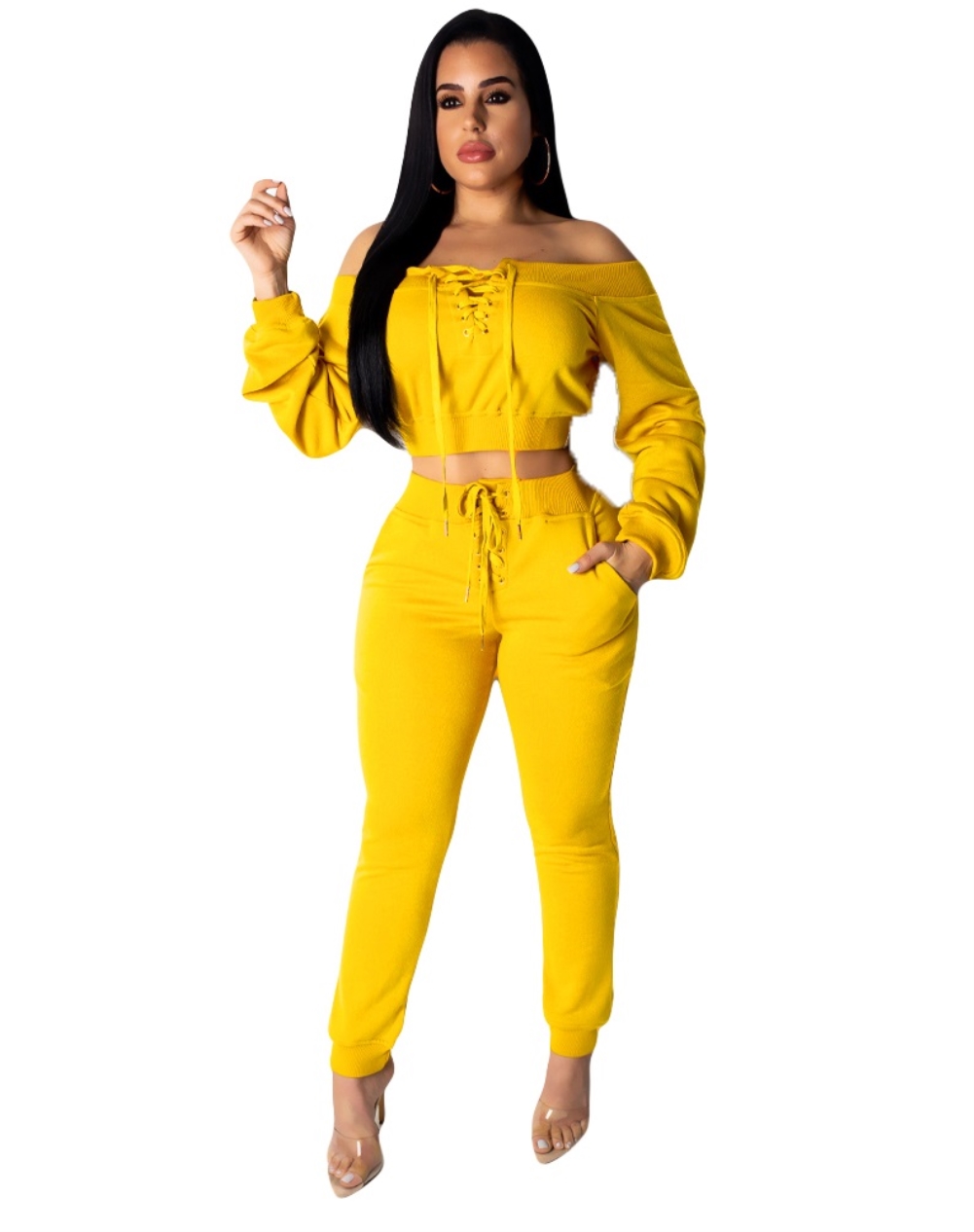 Matching 2PC Lace Up Crop Top and Pants Set