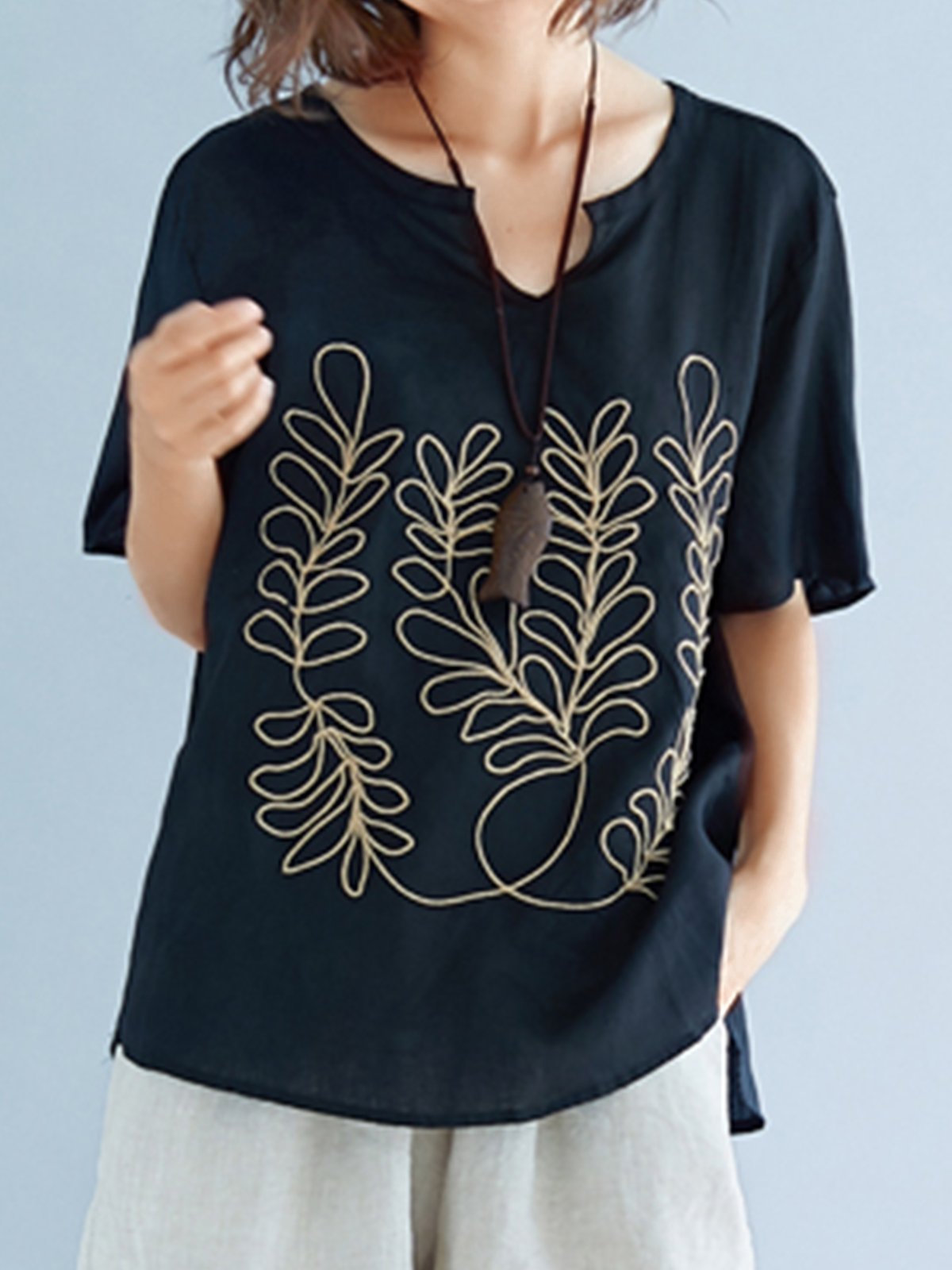 Plus Size Women Short Sleeve Round Neck Vintage Embroidered Floral Casual Tops