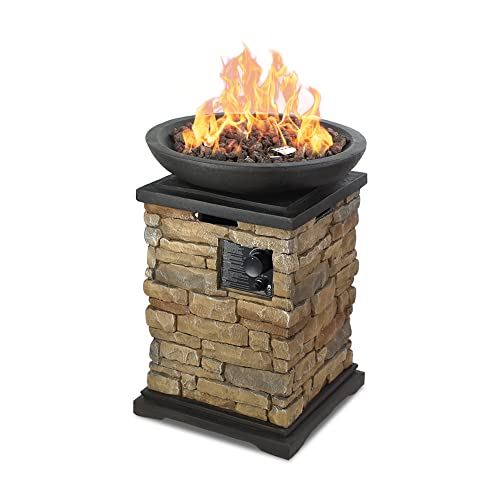 Camplux Propane Fire Pit Table, Propane Firebowl Column, 40,000 BTU Outdoor Patio Gas Fire Pit with Lava Rocks and Cover, Garden Slate Rock Look
