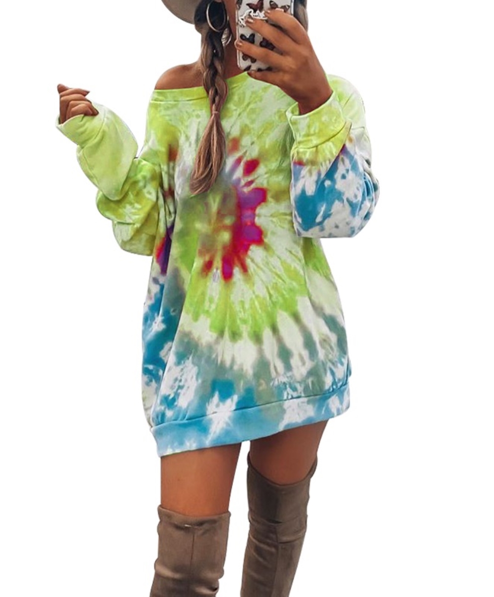 Autumn Tie Dye O Neck Shirt Dress
