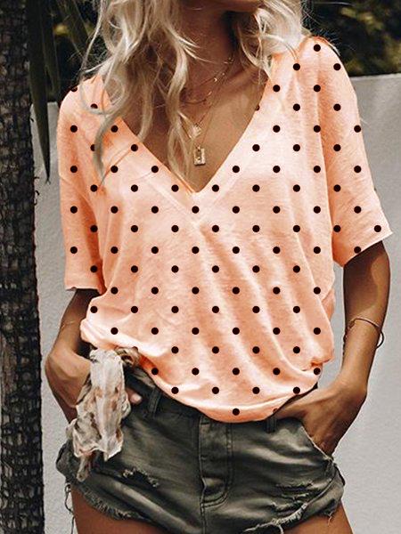 Short Sleeve V Neck Polka Dots Shirts & Tops