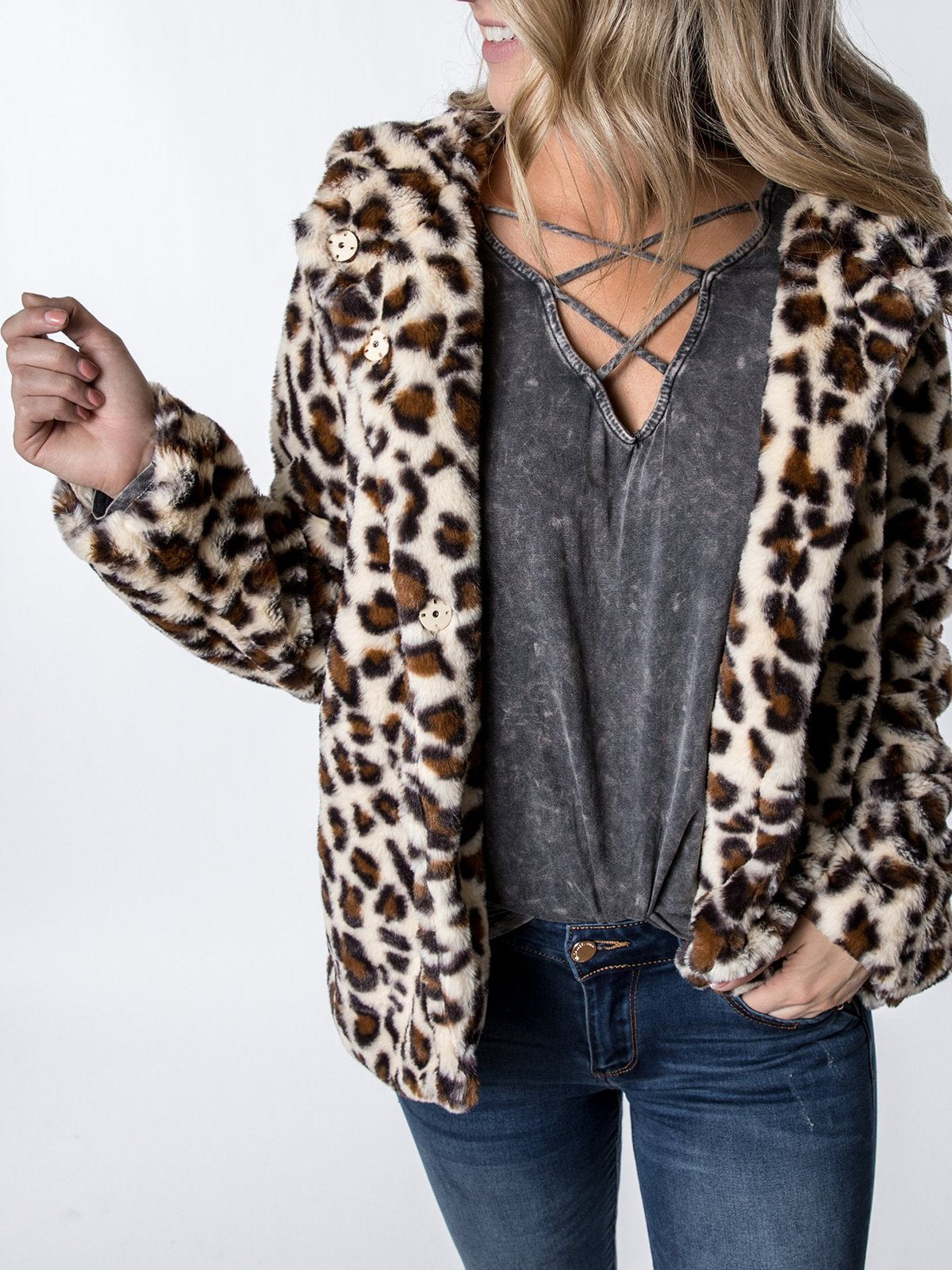 Leopard Cotton Hoodie Paneled Casual Coat