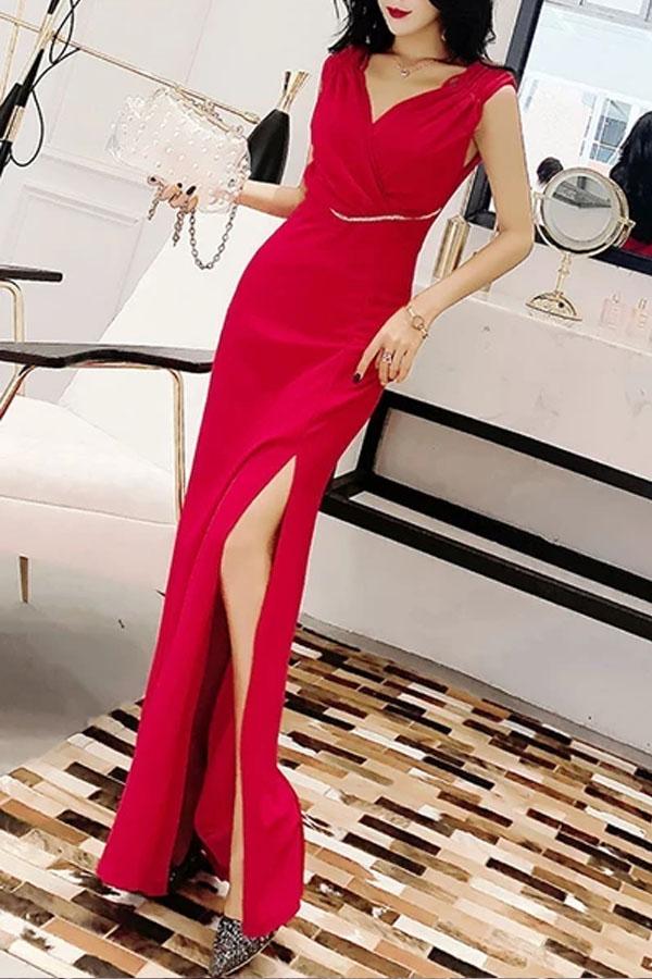 Fashion Elegant V Neck Pure Colour Sling Evening Dress