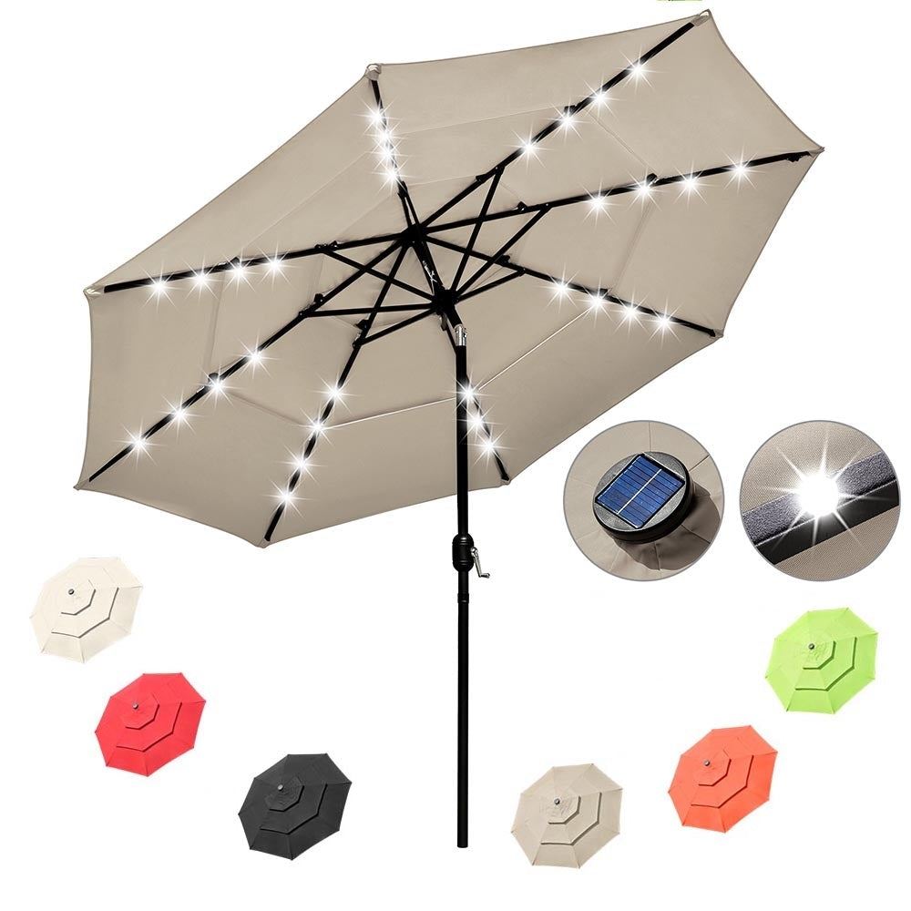 10 Foot Tilting Patio Umbrella with Light 3-Tiered