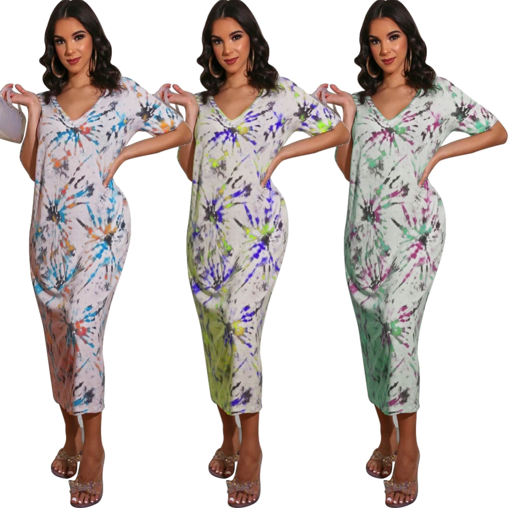 Summer Tie Dye V-Neck Long Dress