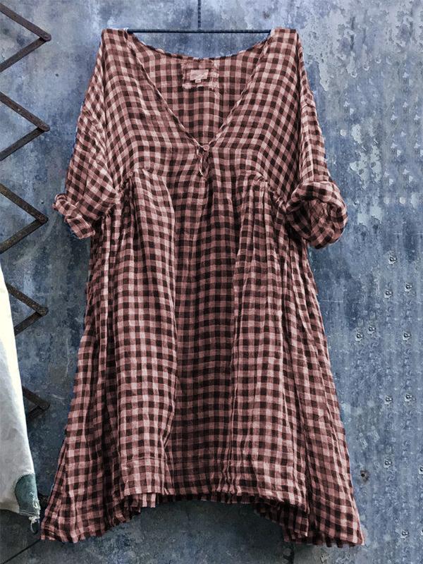 Casual V Neck 3/4 Sleeve Plus Size Lattice Bat Sleeve Dress