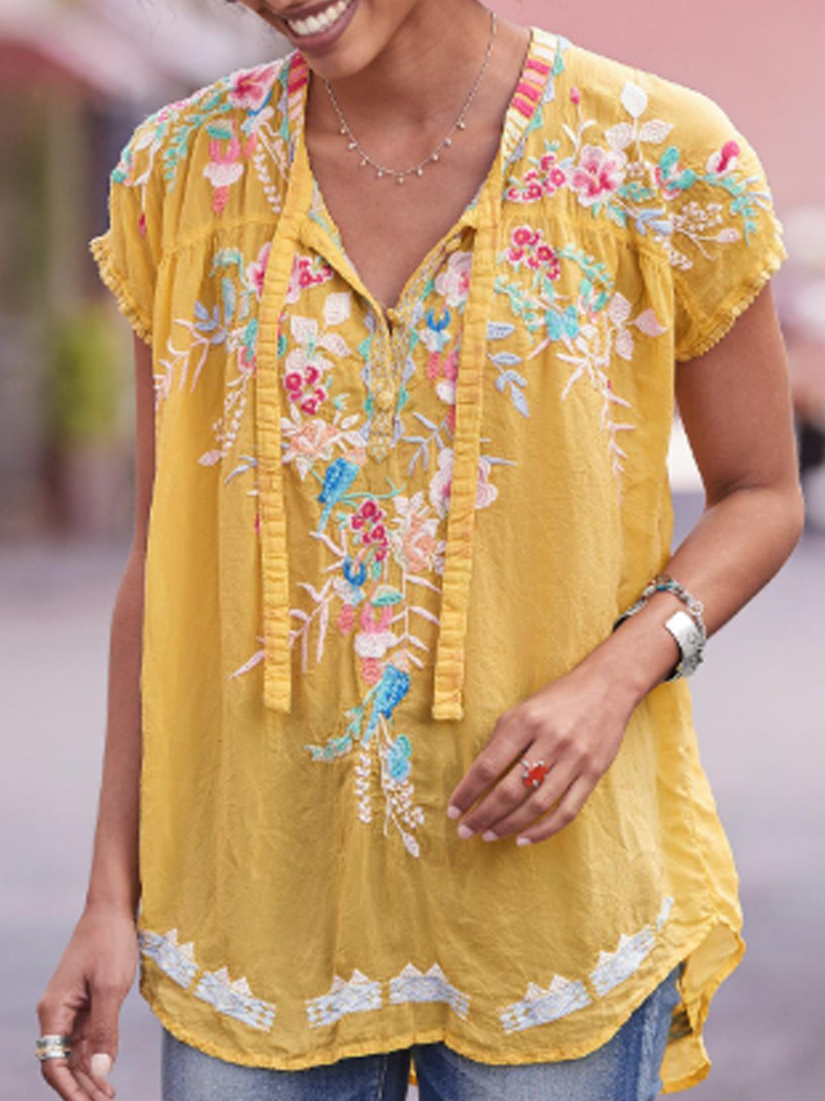 Short Sleeve Casual Cotton-Blend V Neck Shirts & Tops