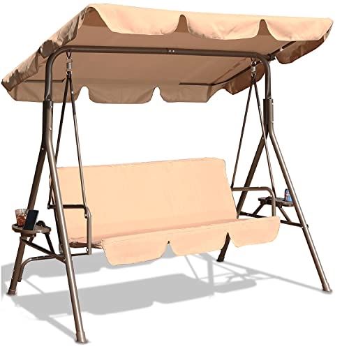 GOLDSUN Durable Outdoor Patio Swing with Side Table Weather Resistant Canopy Swinging Chair with Removable Cushion,Suitable for Garden, Poolside, Balcony, Backyard-Beige
