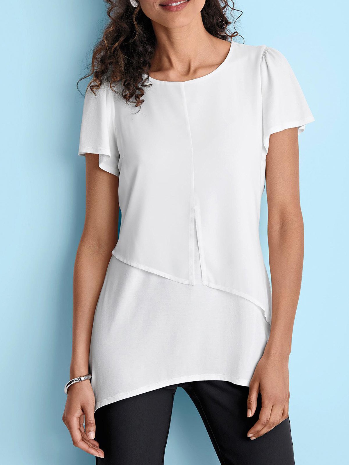 Chiffon Casual Round Neck Short Sleeve Shirts & Tops