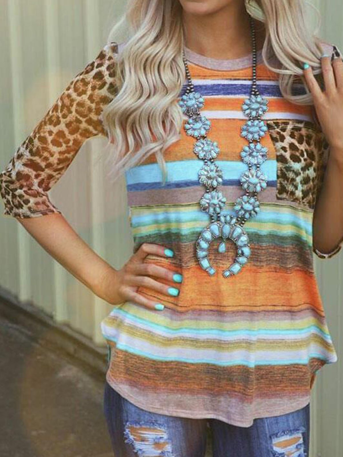 Multicolor Holiday Crew Neck  Leopard Shirts & Tops