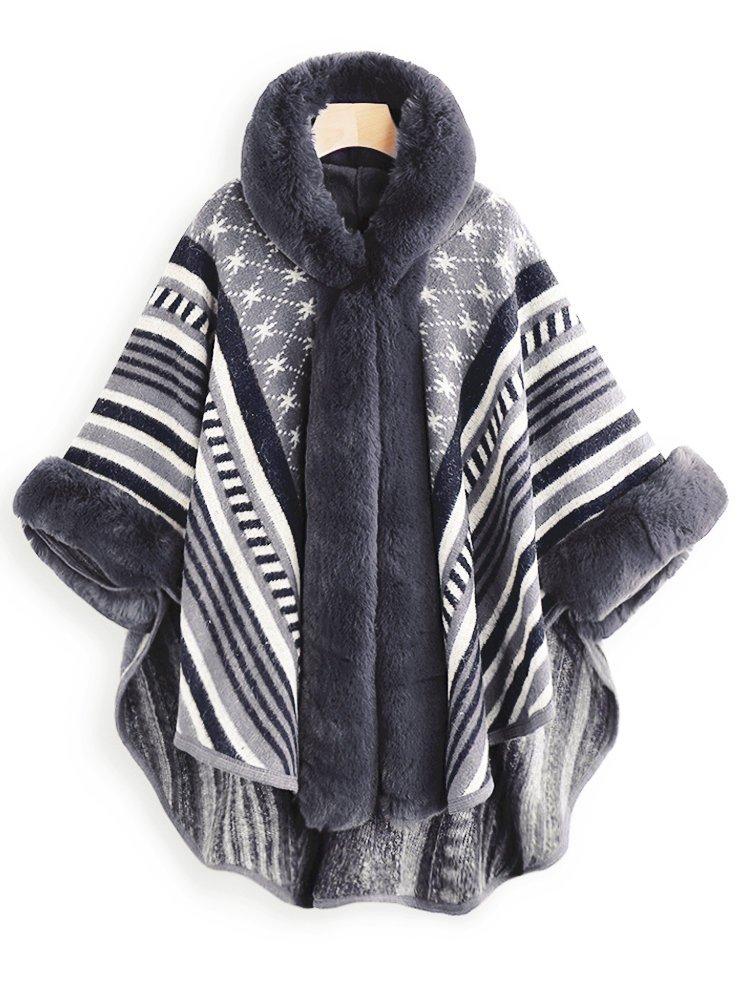 Elegant Faux Fur Oversized Stripe Poncho Coat