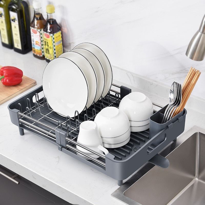 Dish Drying Rack Adjustable Kitchen Plates Organizer with Drainboard over Sink Countertop