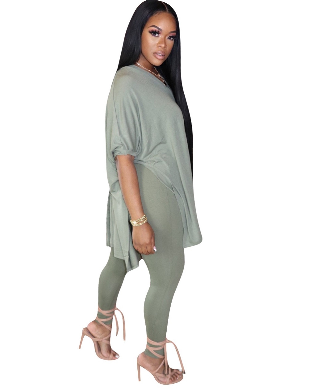 Summer Plain Slit Long Shirt and Tight Legging Set