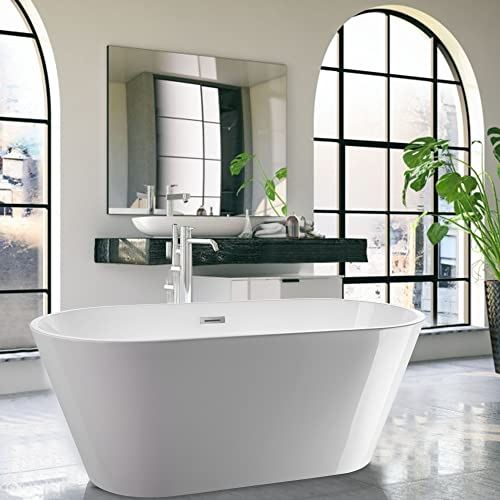 Non-Slip White Acrylic Freestanding Bathtub Modern Stand Alone Soaking Tub