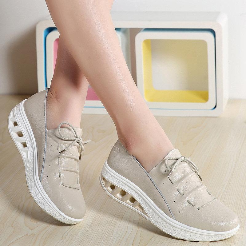 Large Size Rocker Sole Lace Up Cow Leather Shoes