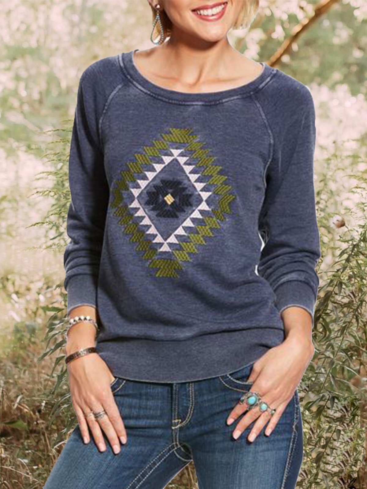 Tribal Vintage Printed Crew Neck Tops