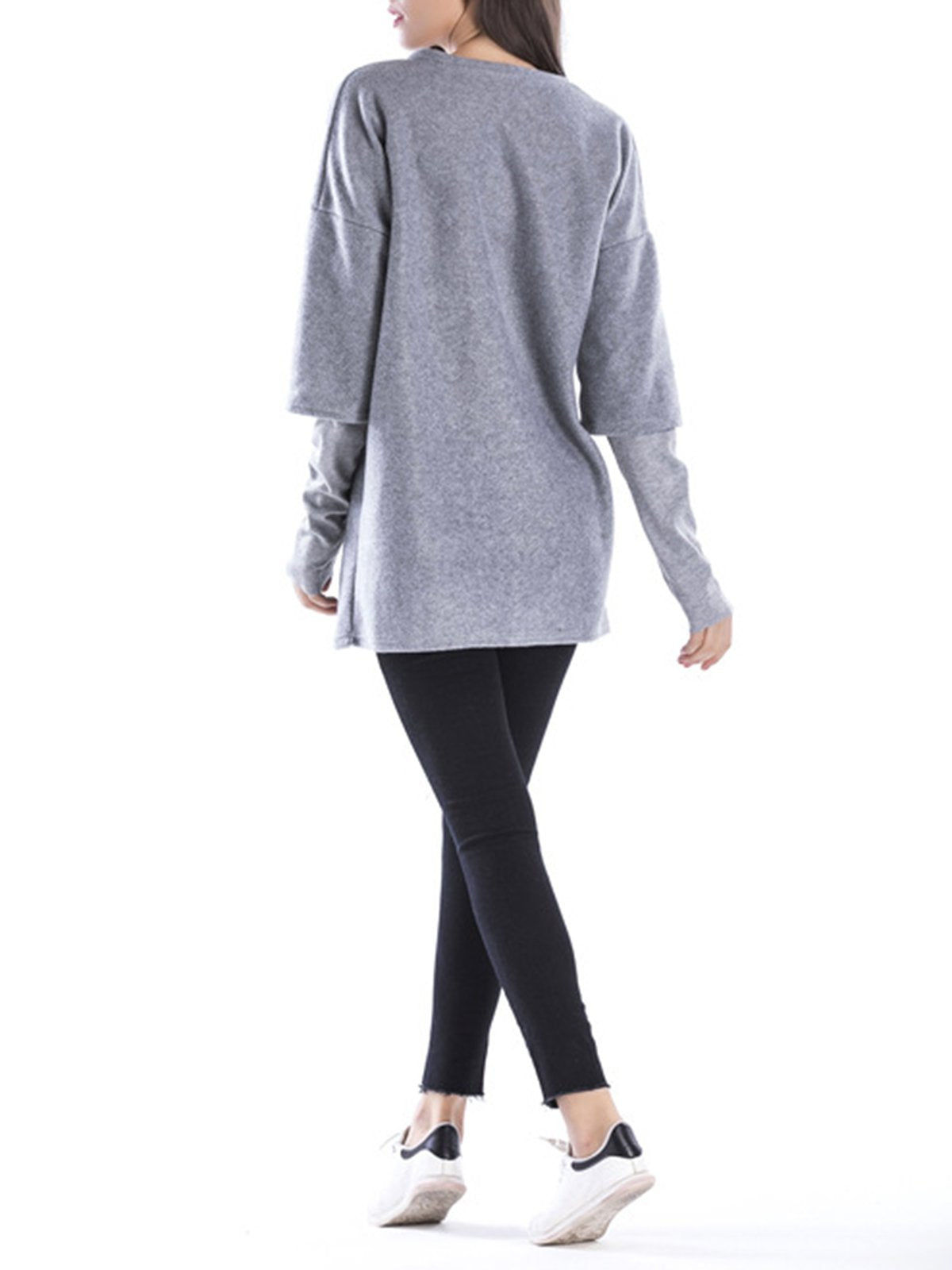 Crew Neck Long Sleeve Solid Casual Paneled Plus Size Hoodie