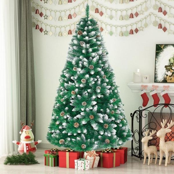 6-foot artificial Christmas tree with 800 roots flocking snow tree pine cone decoration with foldable stand without lights
